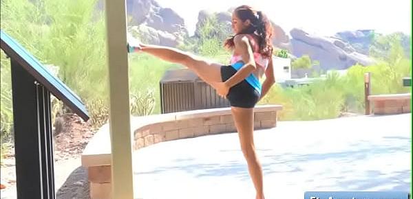Sexy natural big tit redhead amateur Stacy goes for a run in the sun and toy her juicy pussy by some rocks